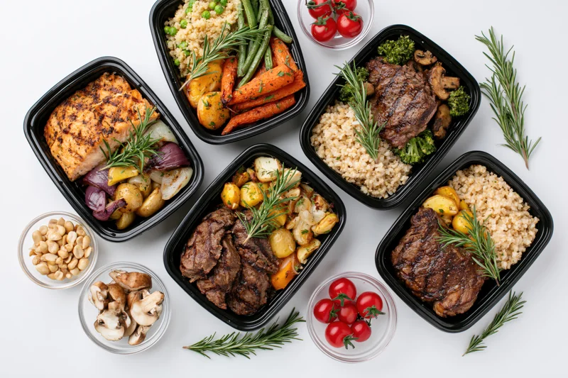 Six black meal prep containers with grilled salmon, beef, vegetables and grains arranged on white surface with garnishes and small bowls of ingredients around