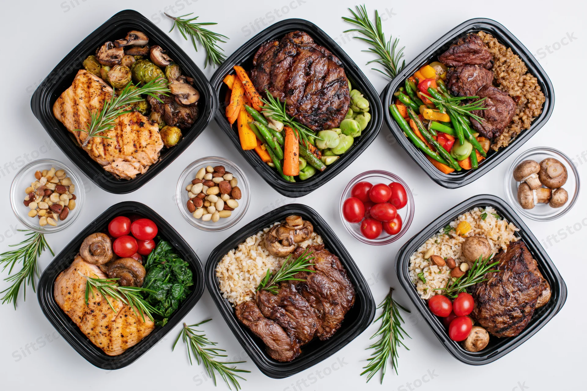 Six black plastic meal prep containers filled with grilled chicken, beef, vegetables and rice arranged on white surface with rosemary and nuts in small bowls
