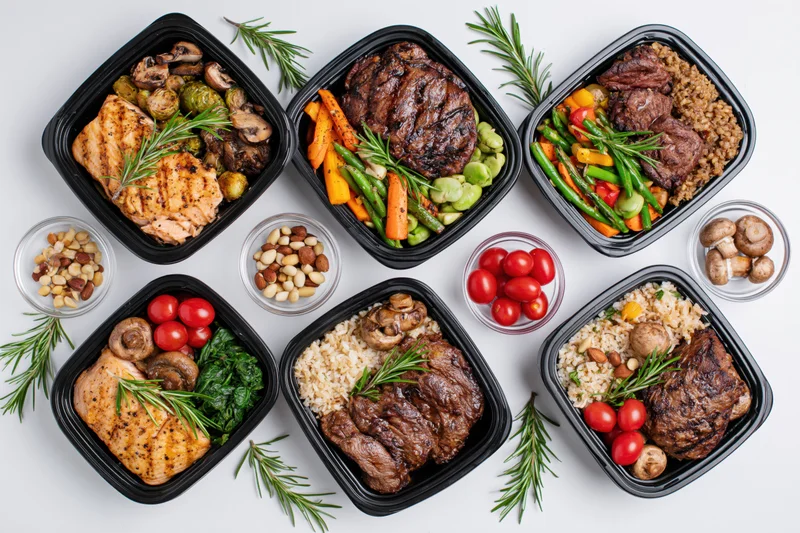 Six black plastic meal prep containers filled with grilled chicken, beef, vegetables and rice arranged on white surface with rosemary and nuts in small bowls