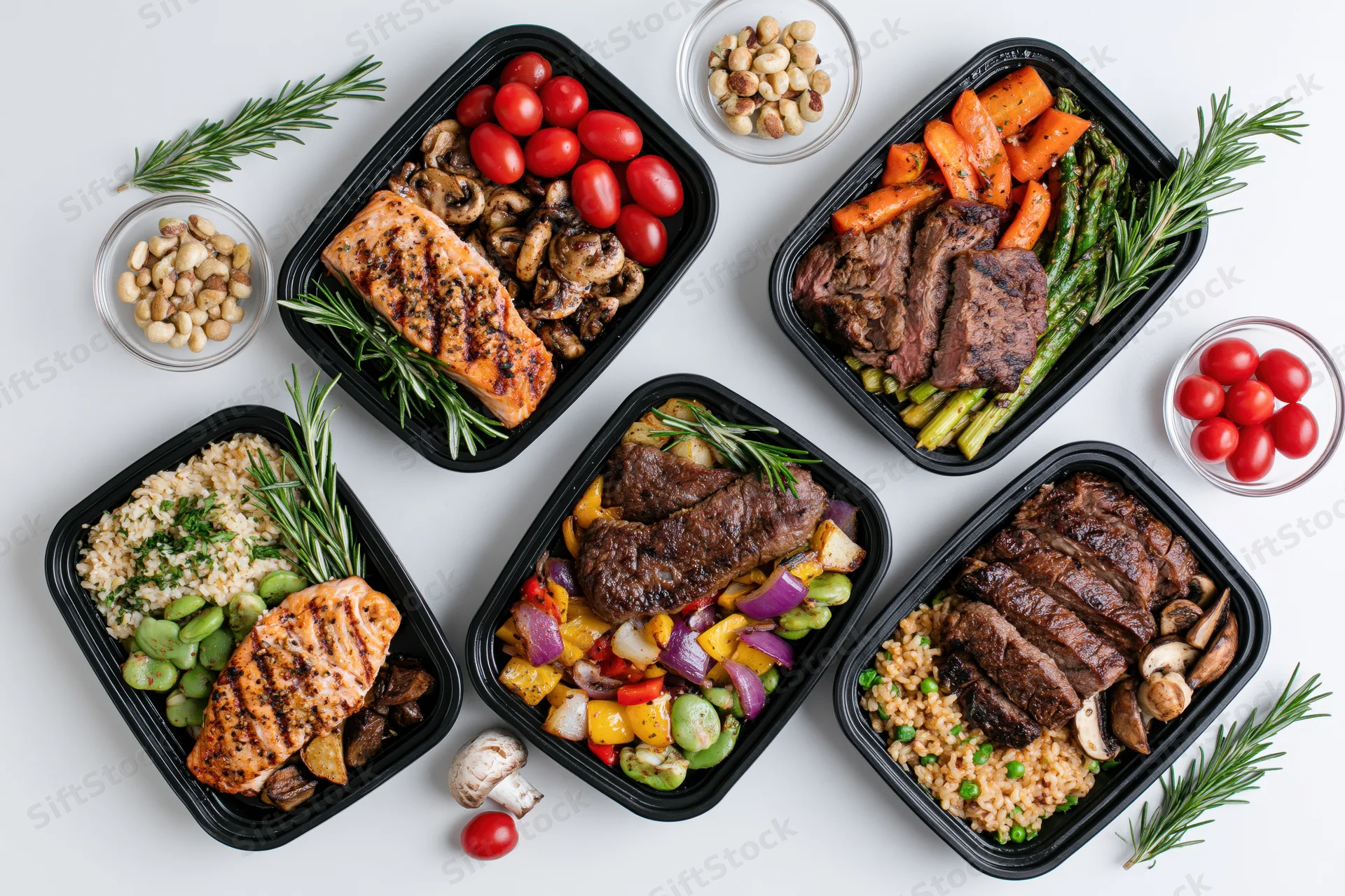 Six black meal prep containers with grilled salmon, steak, vegetables and grains arranged on white surface