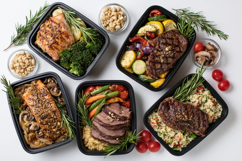 Six black meal prep containers with grilled salmon, steak, vegetables and grains arranged on white surface
