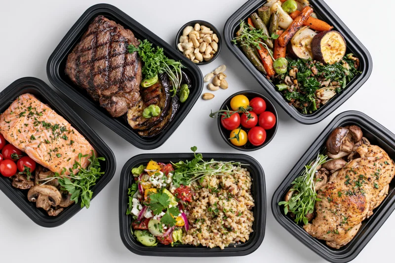 Six black meal prep containers with grilled steak, salmon, chicken, vegetables and grains arranged on white surface