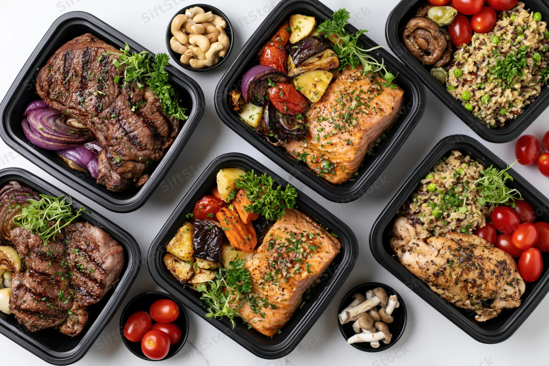 Six black meal prep containers with grilled steak, salmon, chicken, vegetables and grains arranged on white surface