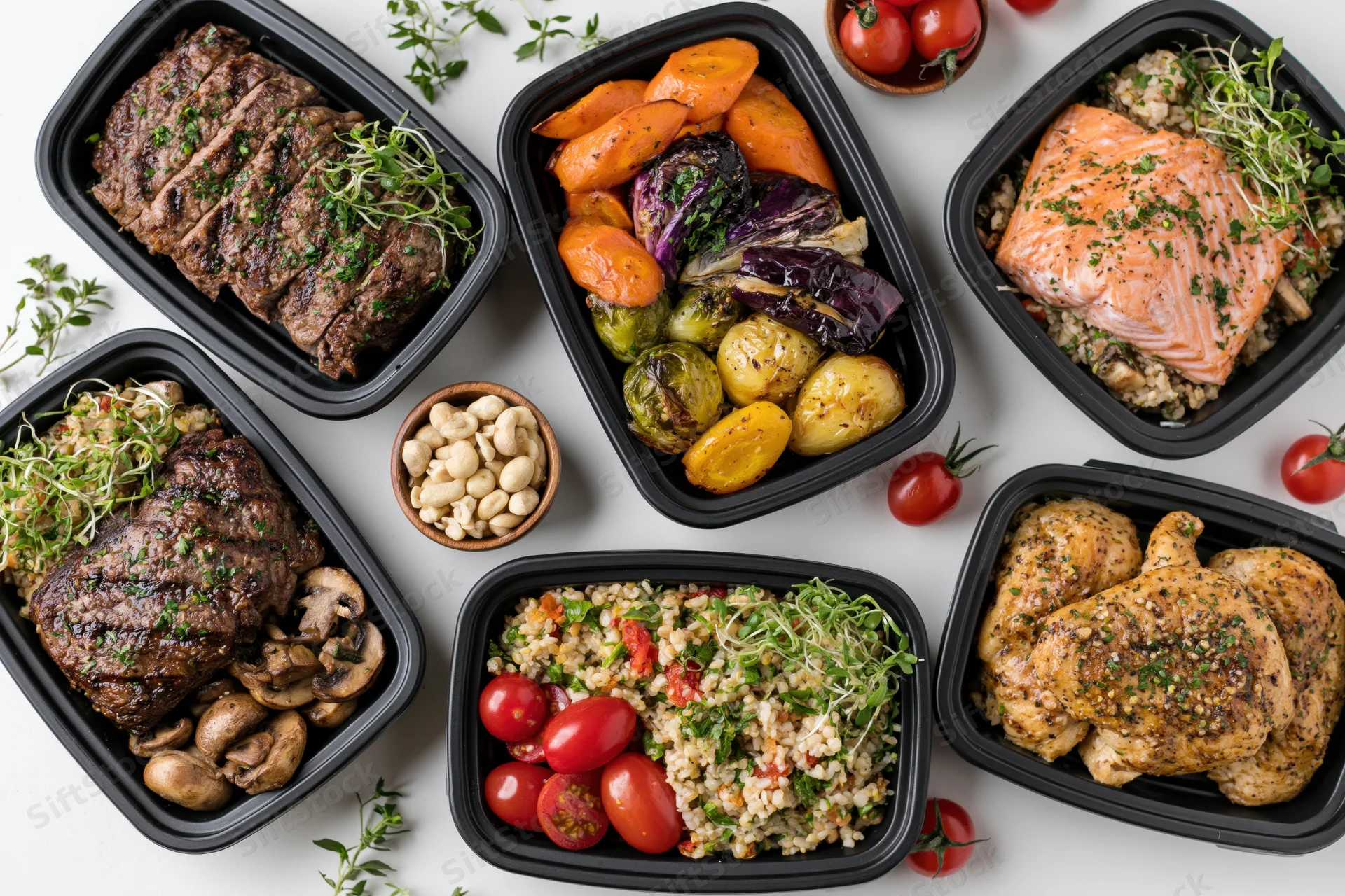 Six black meal prep containers with grilled steak, salmon, chicken, vegetables and grains arranged on white surface