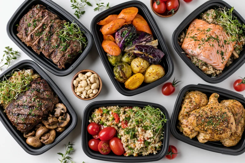 Six black meal prep containers with grilled steak, salmon, chicken, vegetables and grains arranged on white surface