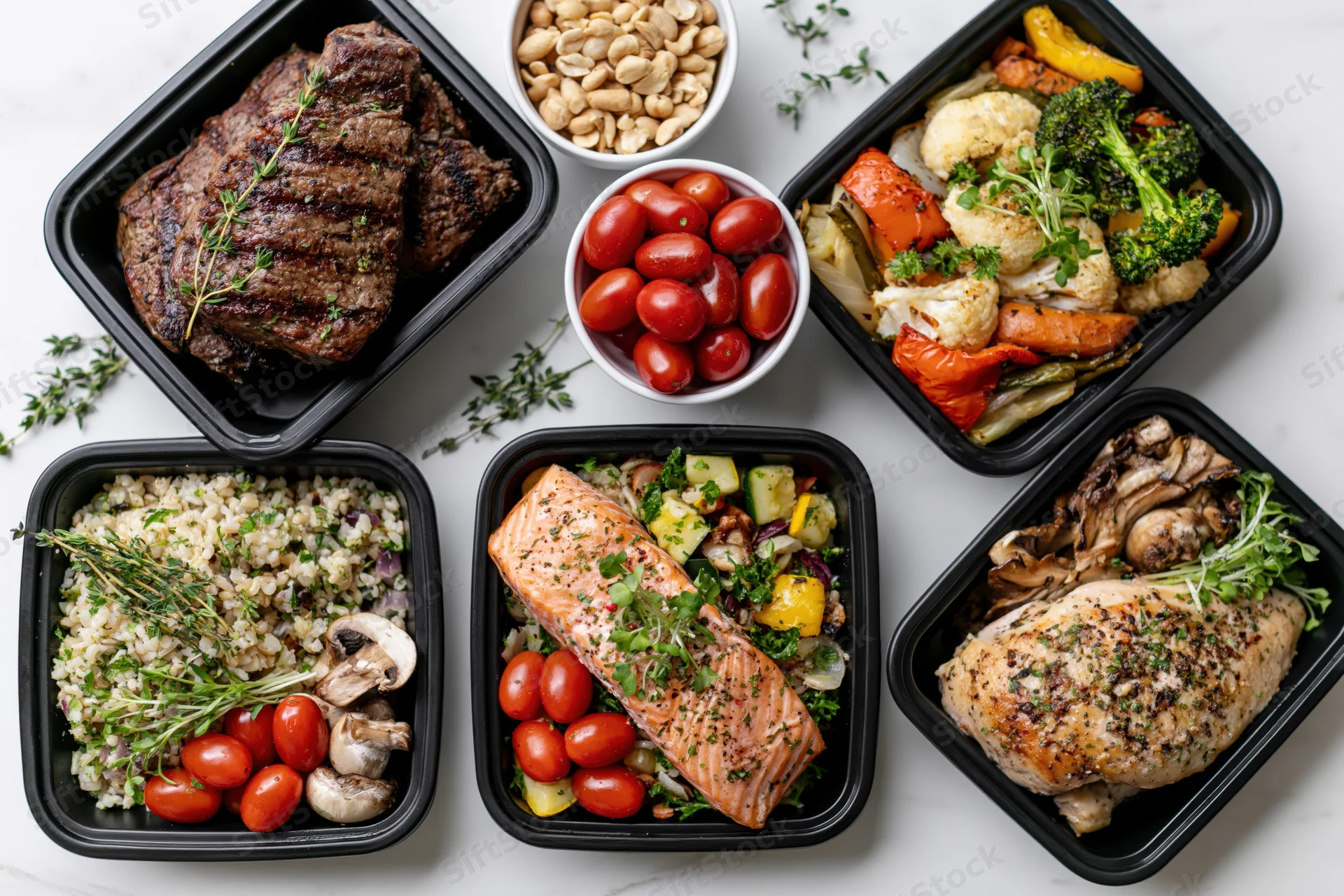 Six black meal prep containers with grilled steak, salmon, chicken, vegetables and rice arranged on a white marble surface