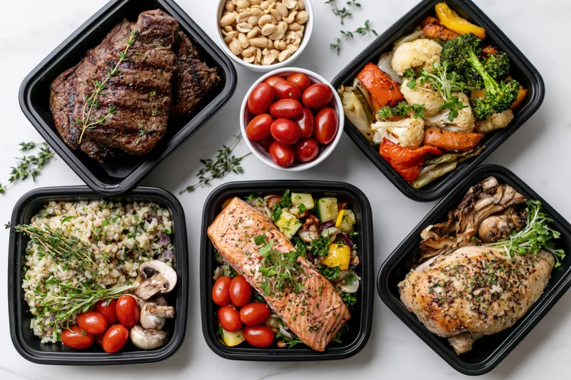 Six black meal prep containers with grilled steak, salmon, chicken, vegetables and rice arranged on a white marble surface