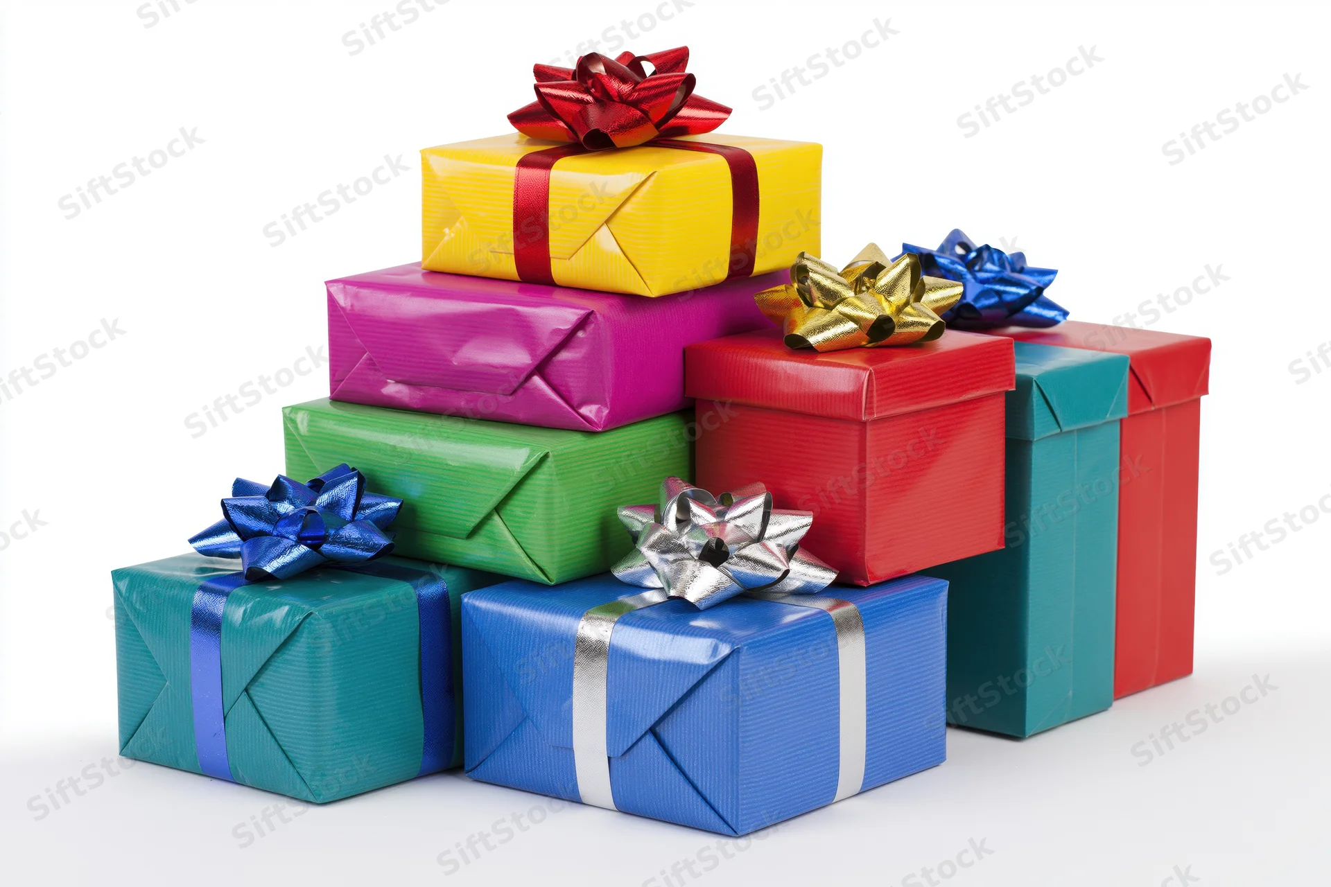 Colorful wrapped gift boxes stacked in a loose pile on white background