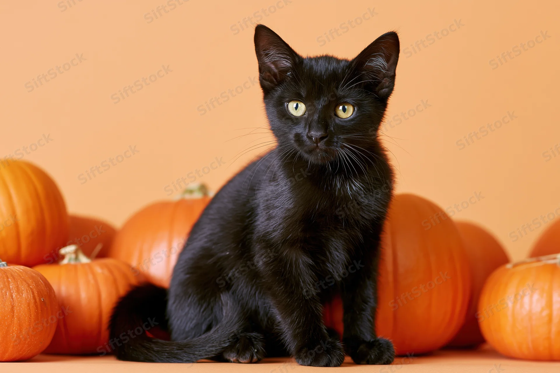 Black kitten sitting alert among pumpkins on orange background