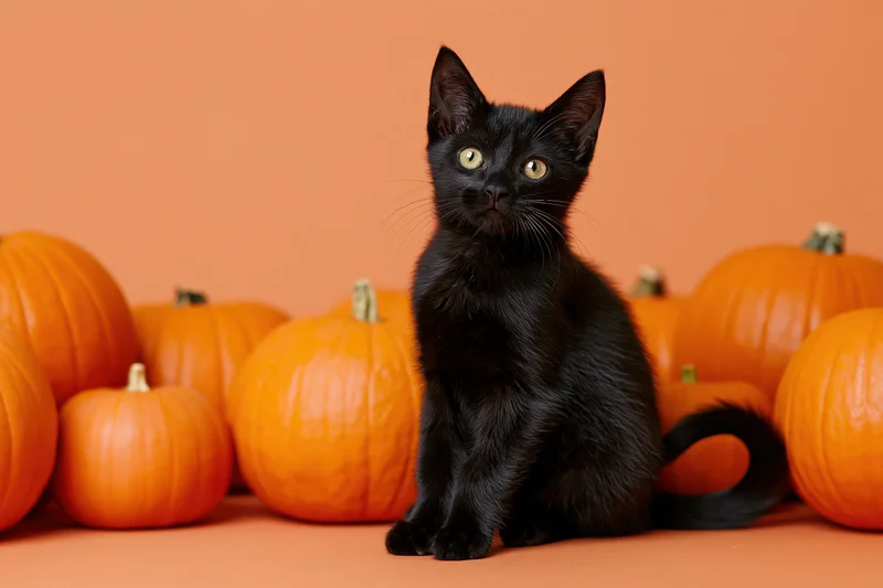 Black kitten sitting alert among pumpkins on orange background