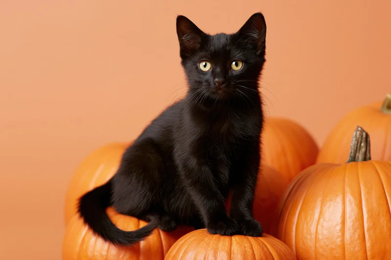 Black kitten sitting alert among pumpkins in studio setting