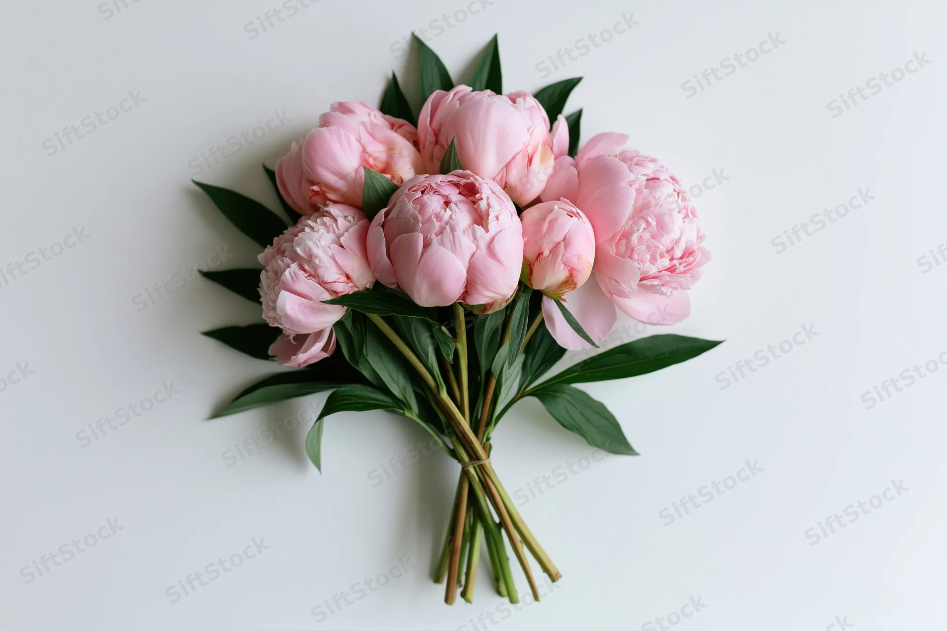 Small bouquet of pink peonies with green stems and leaves laid flat on white surface