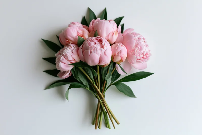 Small bouquet of pink peonies with green stems and leaves laid flat on white surface