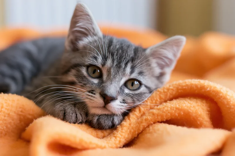 Grey tabby kitten resting chin on paws on orange blanket indoors