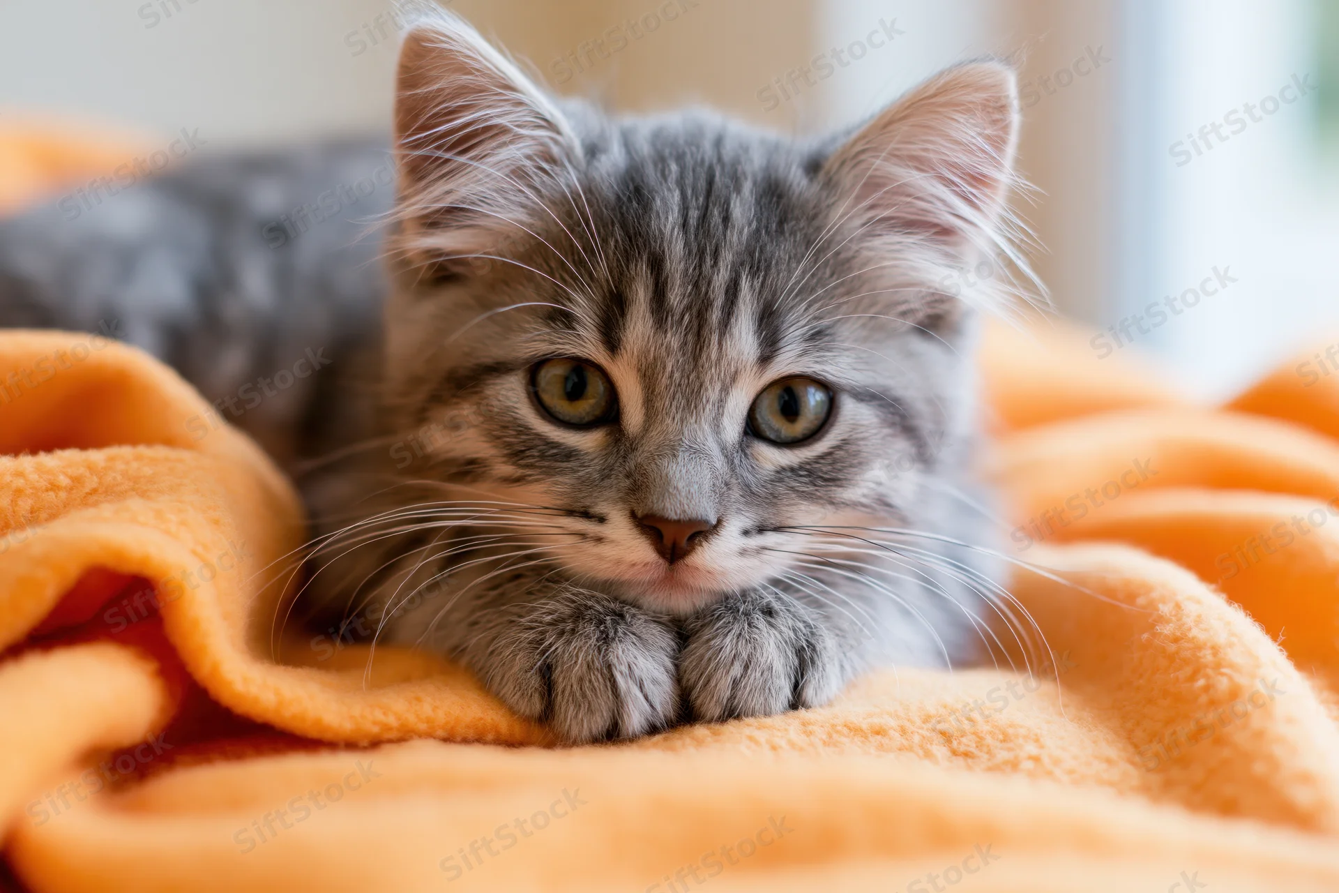 Grey tabby kitten resting chin on paws on orange blanket indoors