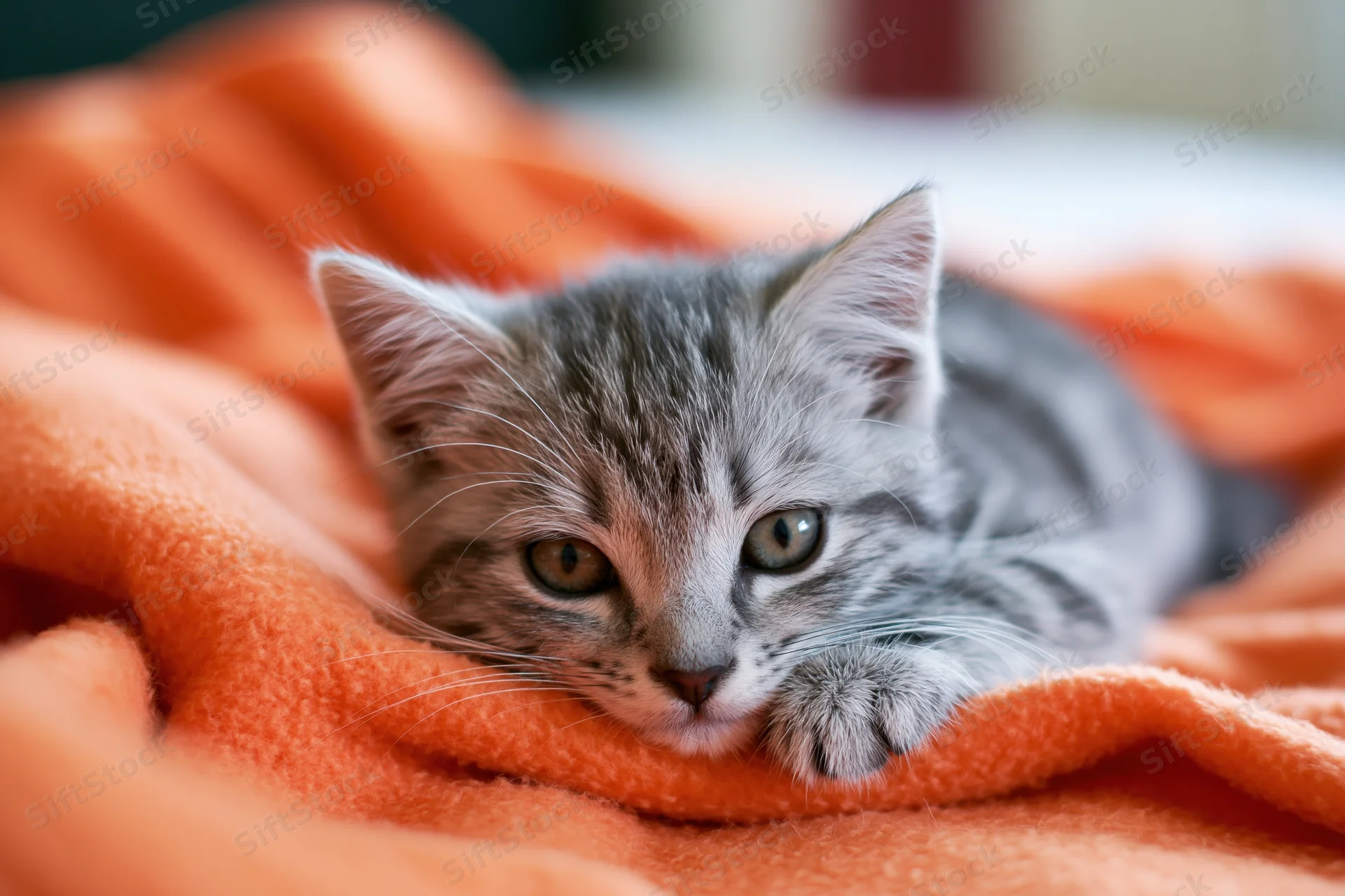 Grey tabby kitten resting its chin on paws on orange blanket