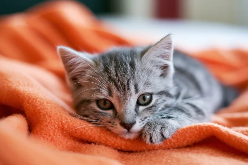 Grey tabby kitten resting its chin on paws on orange blanket