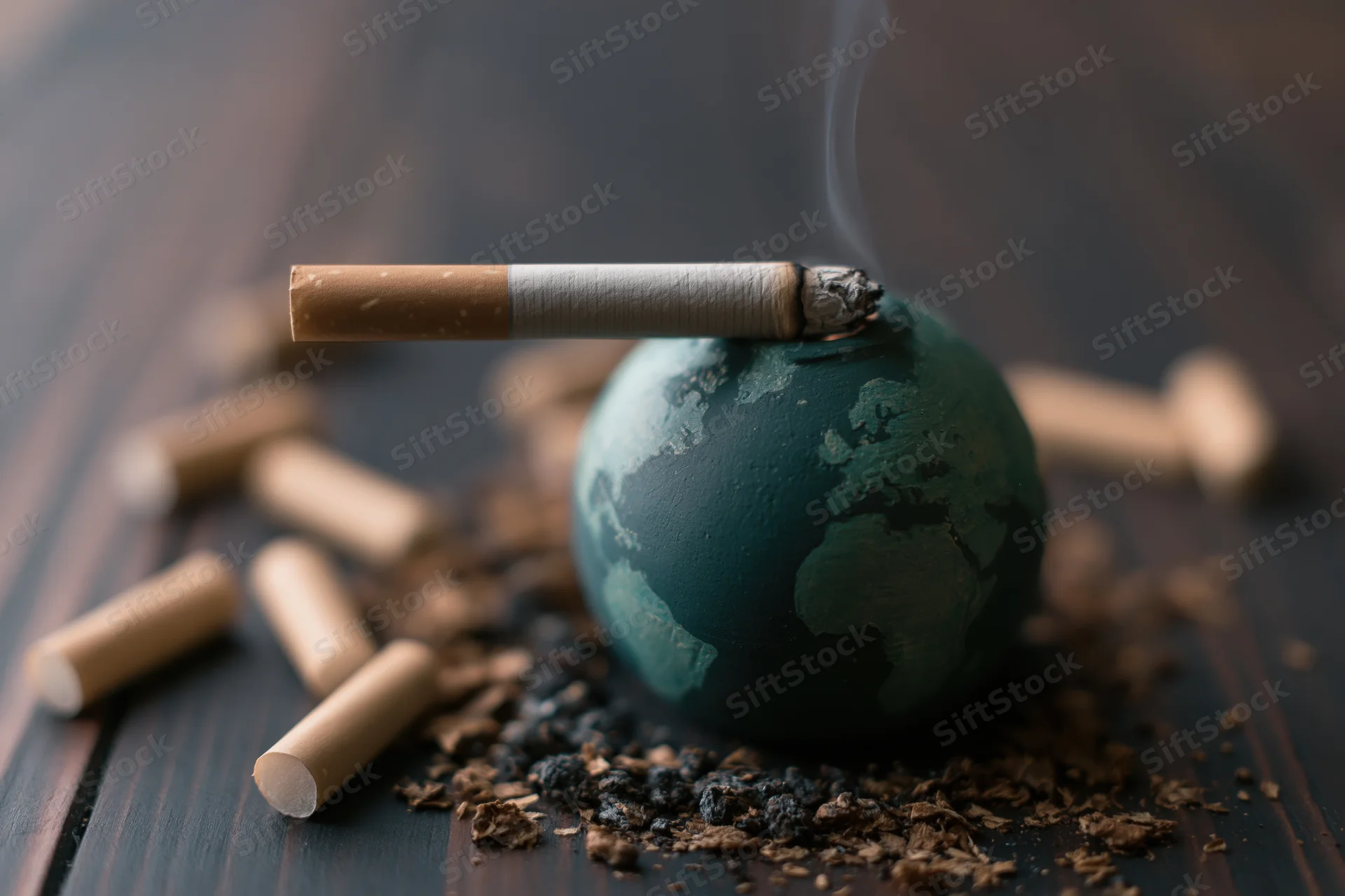 Small painted globe with lit cigarette inserted into top, surrounded by cigarette butts and ash on wooden surface