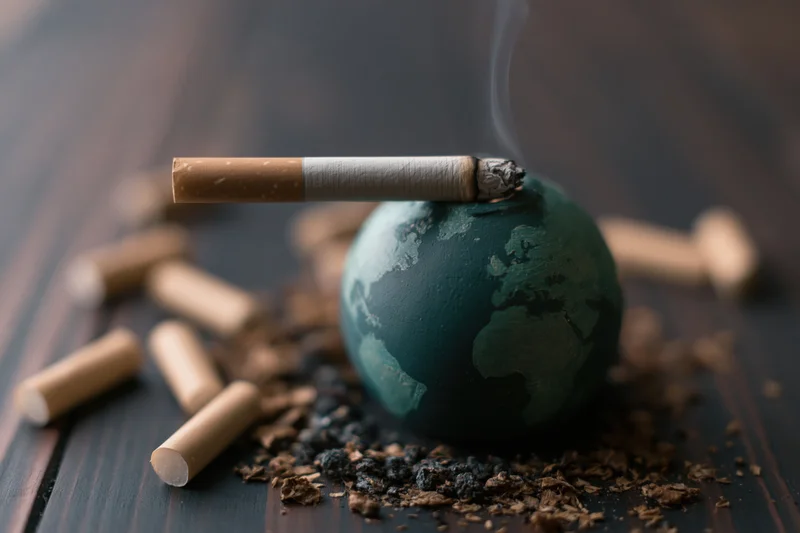Small painted globe with lit cigarette inserted into top, surrounded by cigarette butts and ash on wooden surface