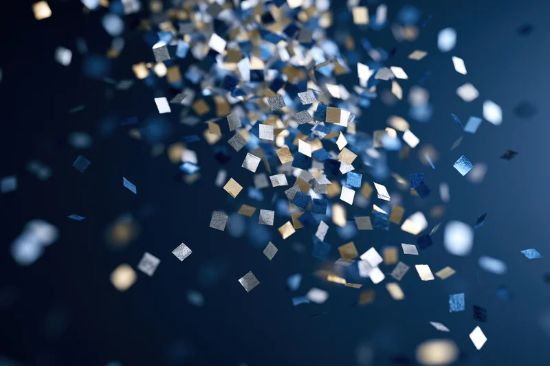 Metallic confetti pieces floating mid-air against a dark blue background with bokeh highlights