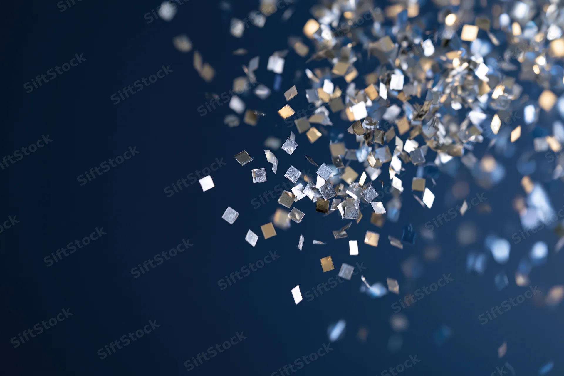 Metallic confetti pieces floating midair against a dark blue background with copyspace on the left
