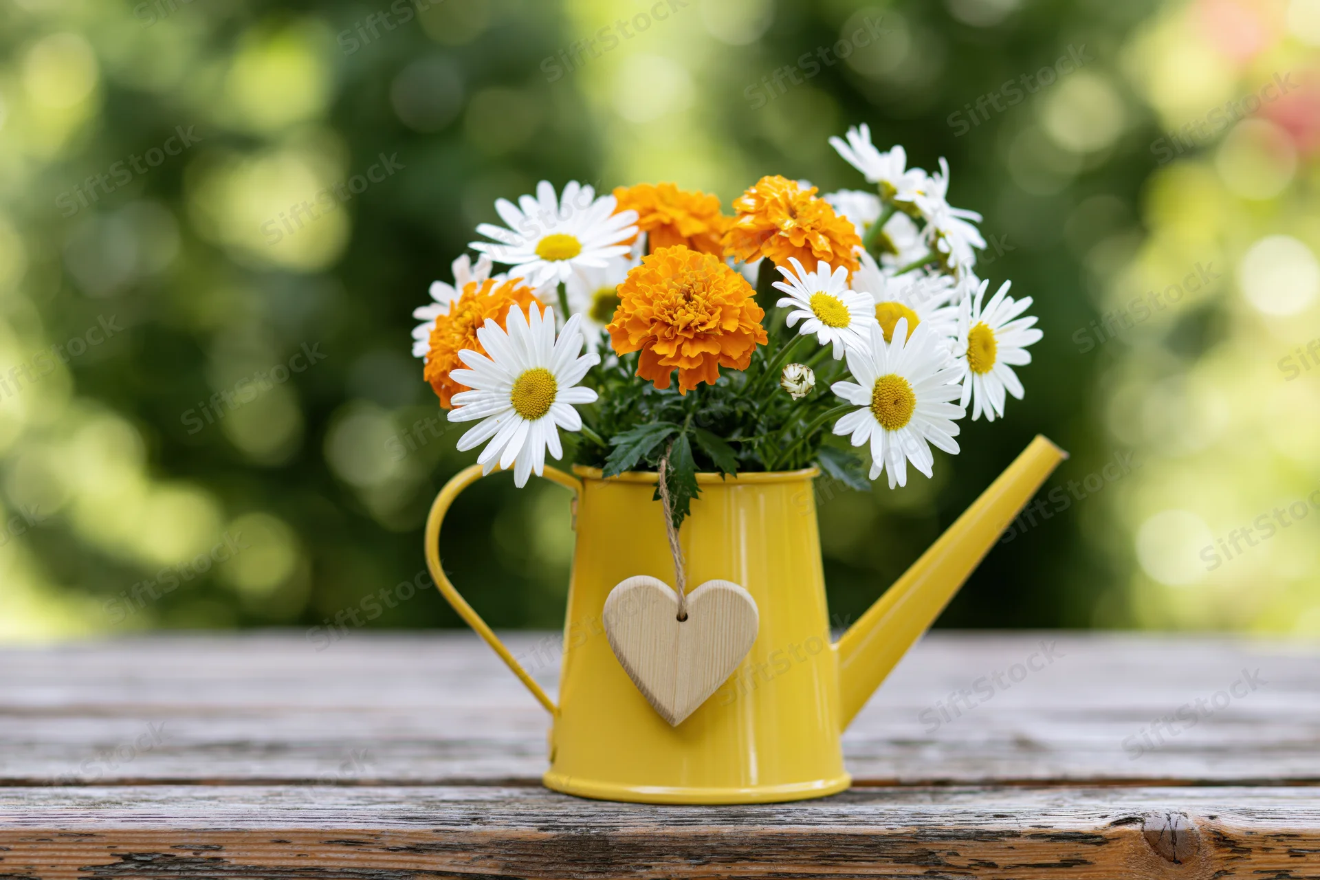 Yellow metal watering can holding daisies and marigolds on a wooden table outdoors