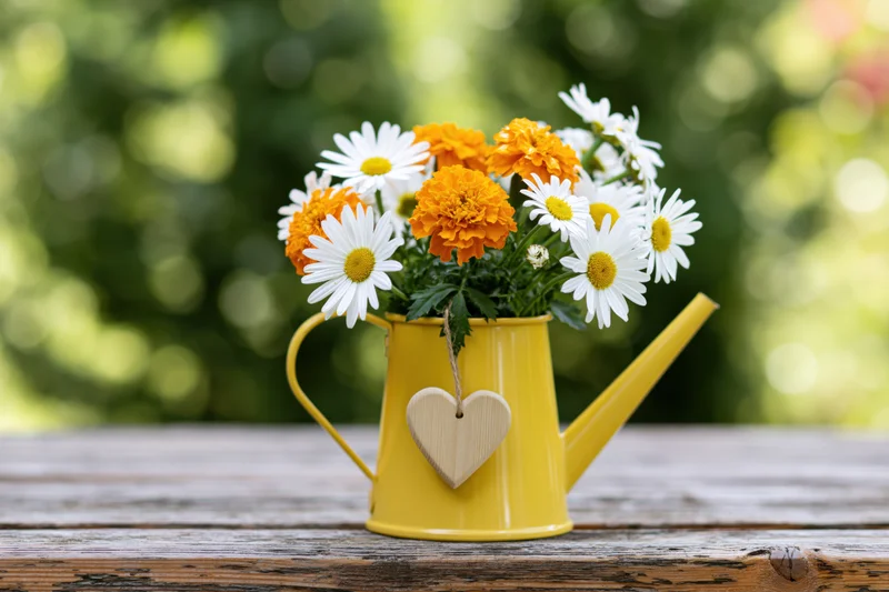 Yellow metal watering can holding daisies and marigolds on a wooden table outdoors