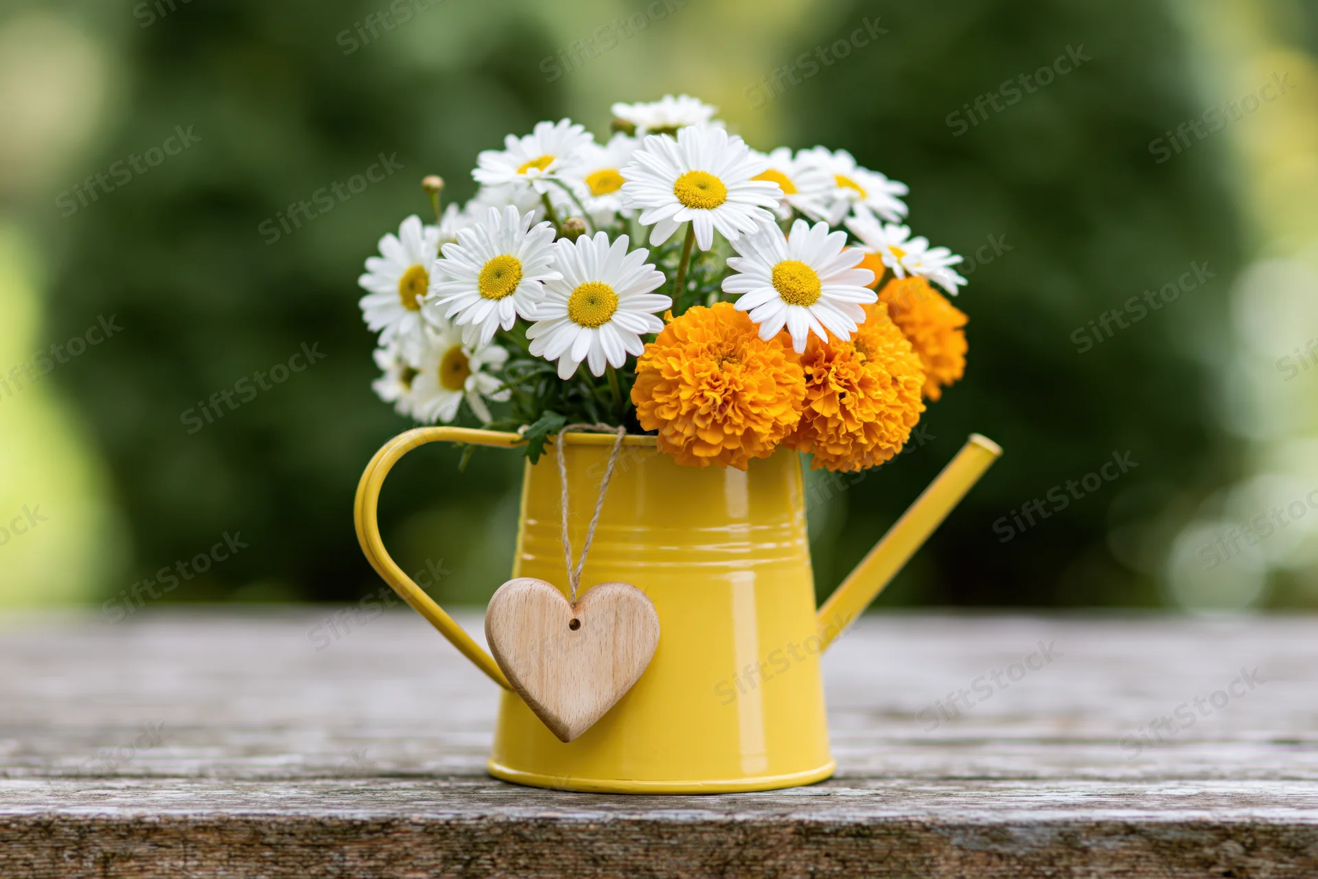 Yellow metal watering can holding daisies and marigolds on a wooden table outdoors
