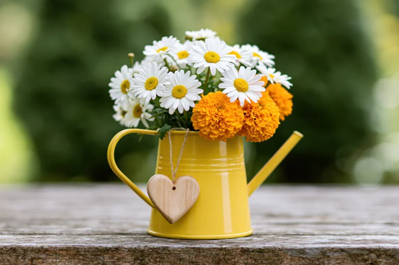 Yellow metal watering can holding daisies and marigolds on a wooden table outdoors