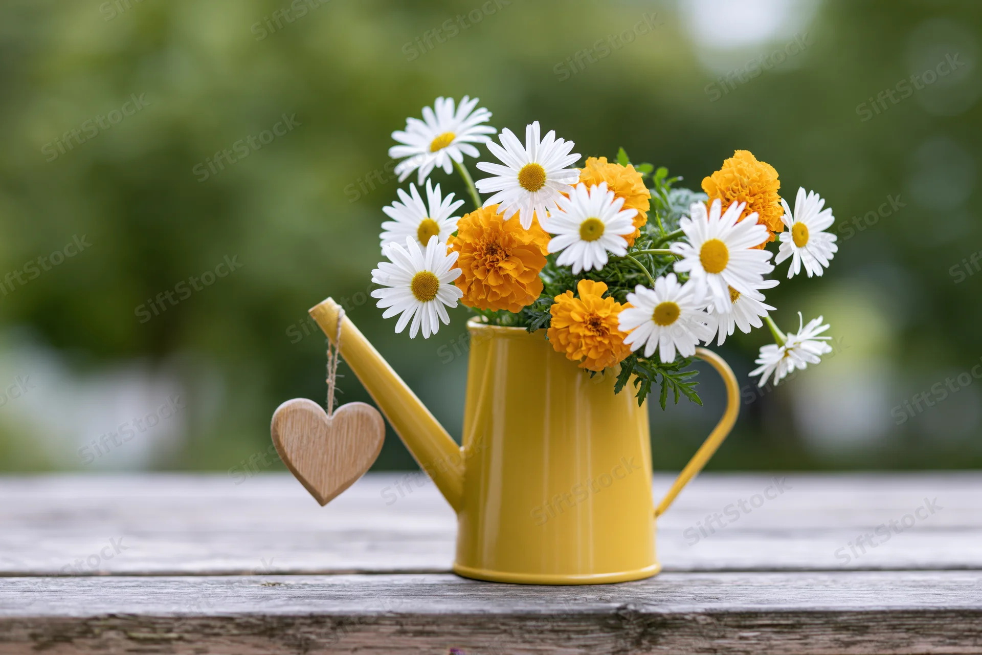 Yellow metal watering can holding daisies and marigolds on a wooden table with a wooden heart hanging from its spout