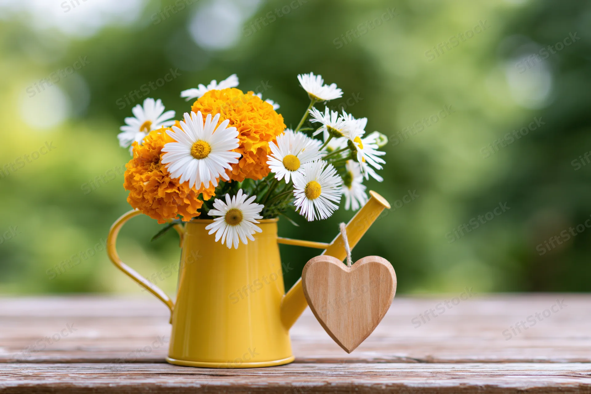 Yellow metal watering can holding daisies and marigolds on a wooden table outdoors