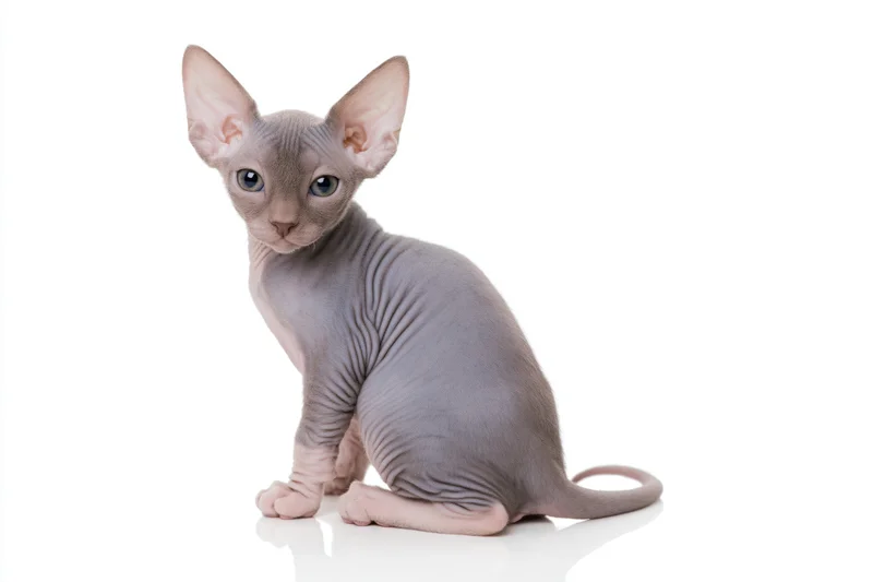 Sphynx kitten sitting with back to camera head turned on white background