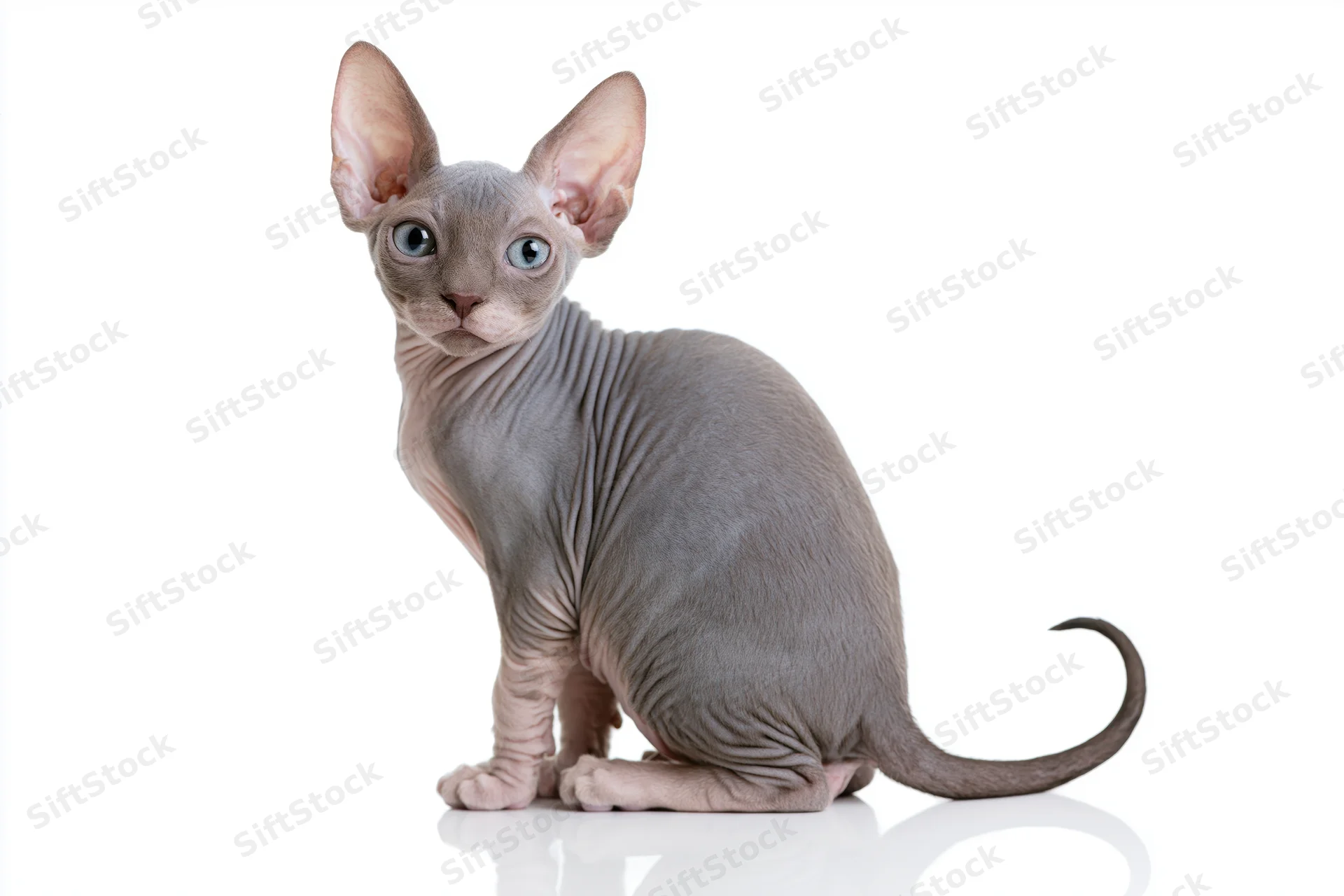 Sphynx kitten sitting with head turned back to camera on white background