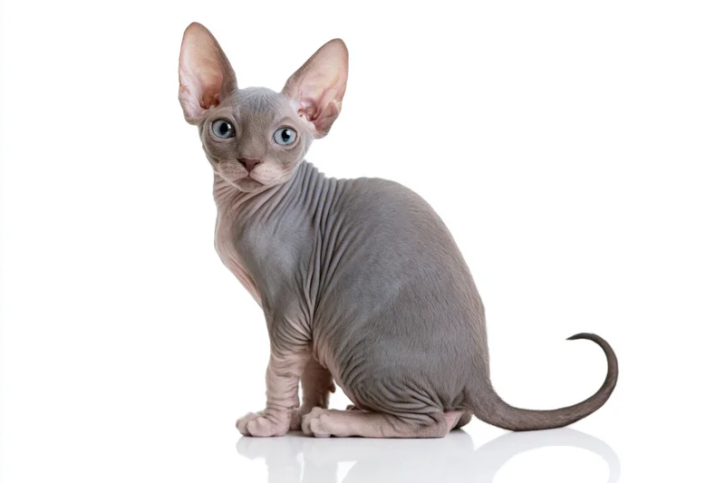 Sphynx kitten sitting with head turned back to camera on white background