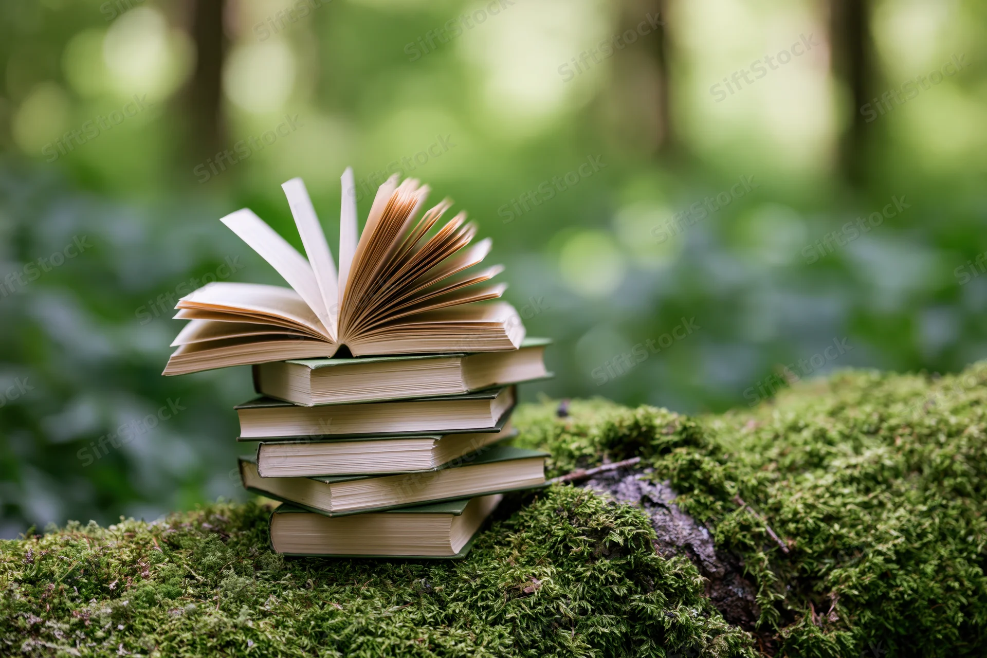 Stack of books with one open and fanned resting on mossy log in forest