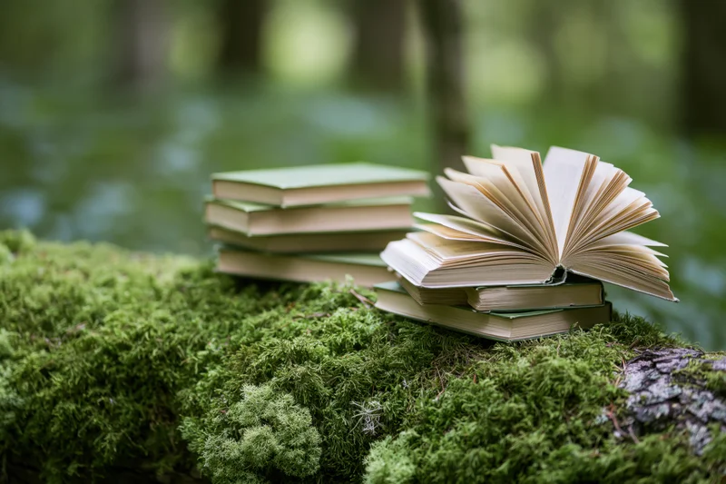 Stack of books with one open and fanned resting on mossy log in forest