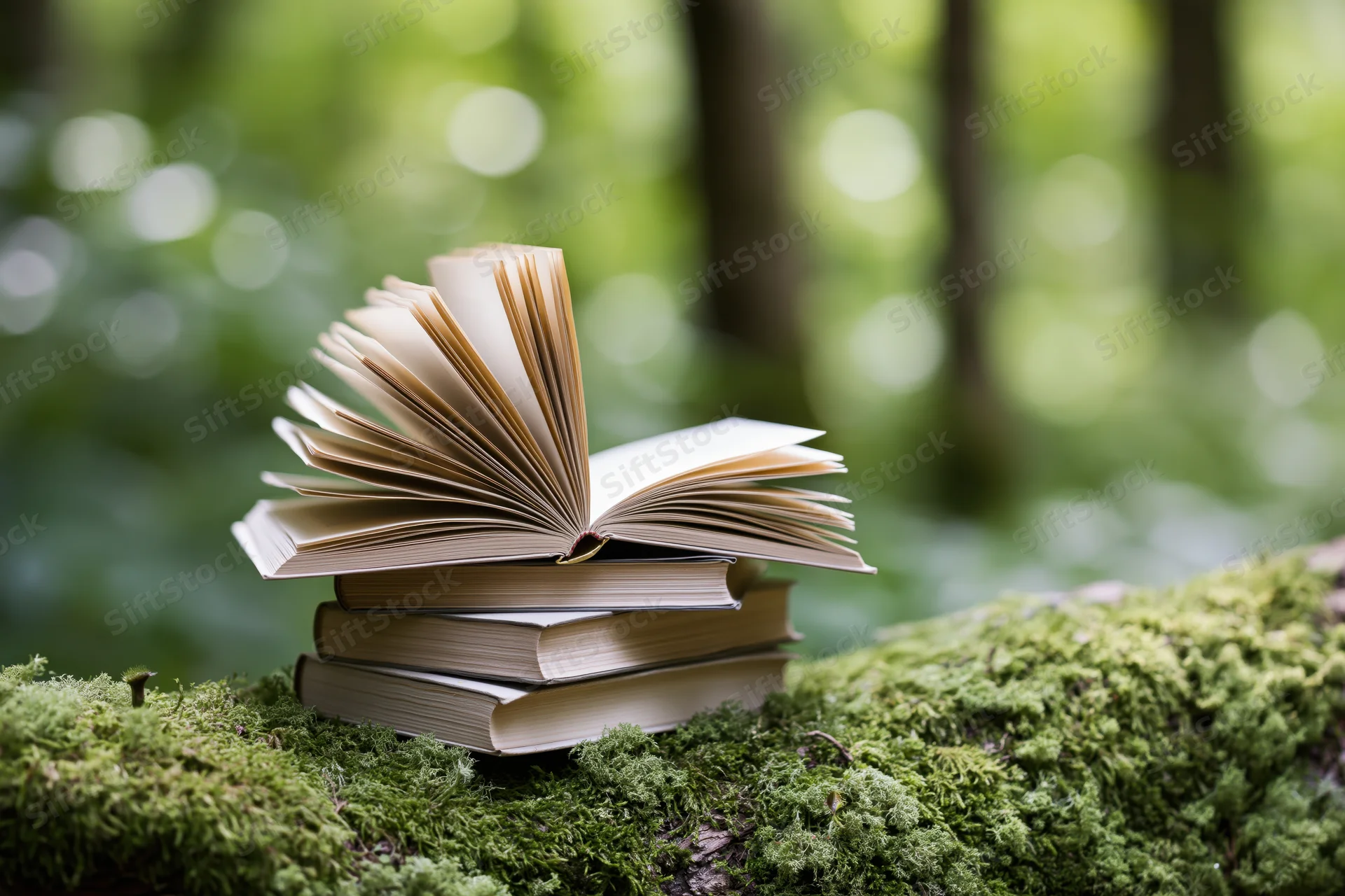 Stack of books with one open and fanned resting on mossy log in forest