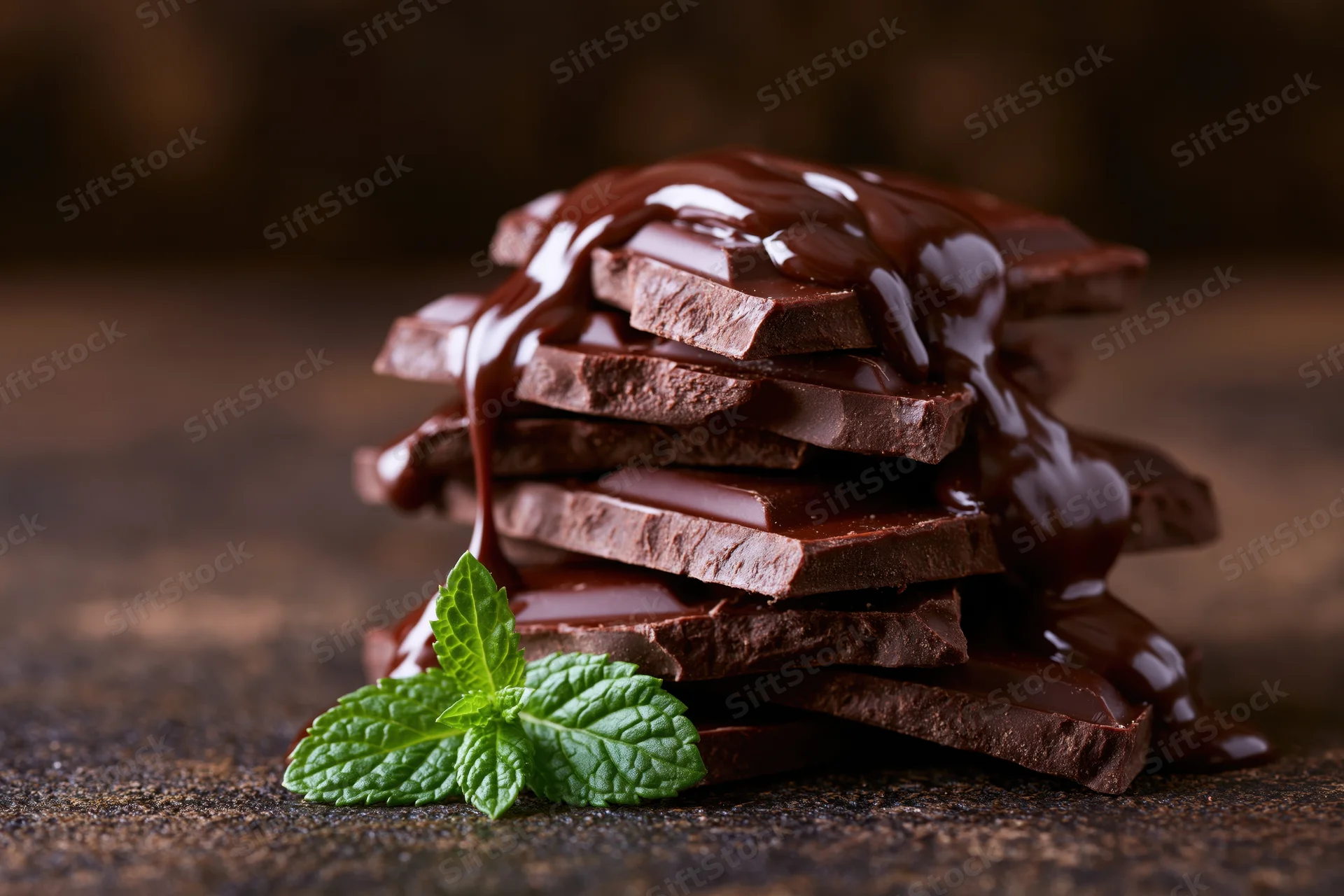 Stack of broken dark chocolate pieces with liquid chocolate drizzle and mint leaf on rustic surface