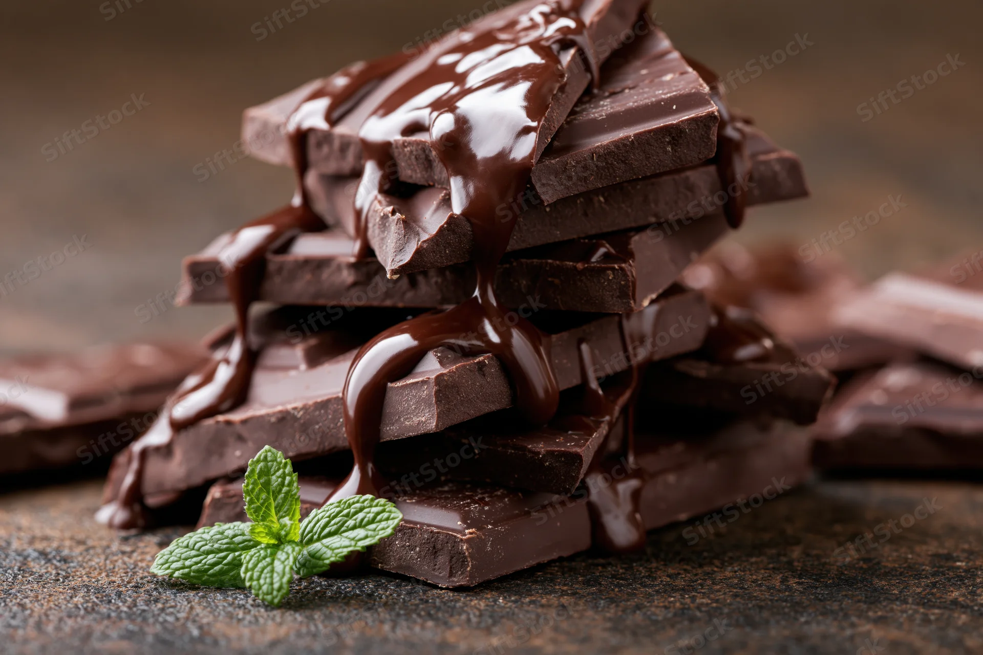Broken dark chocolate pieces stacked high with chocolate sauce dripping over them on a stone surface with a mint leaf at the base
