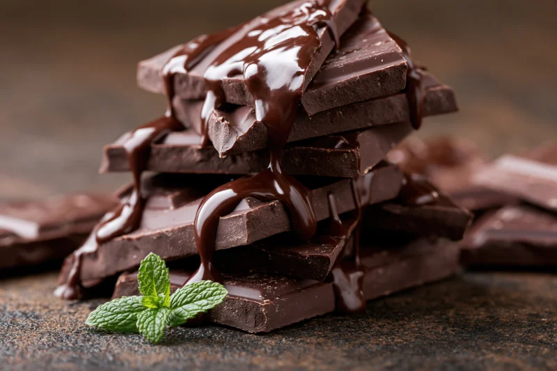 Broken dark chocolate pieces stacked high with chocolate sauce dripping over them on a stone surface with a mint leaf at the base