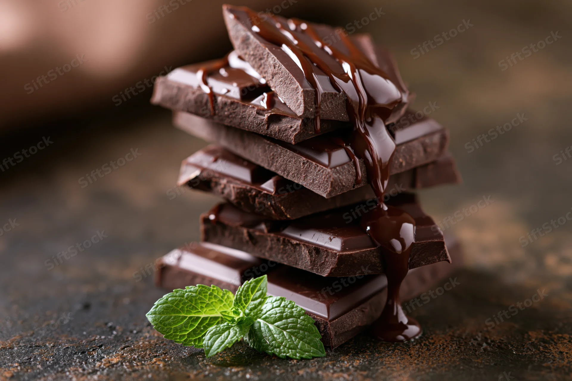 Stack of broken dark chocolate pieces with dripping liquid chocolate and a mint leaf on a rustic surface