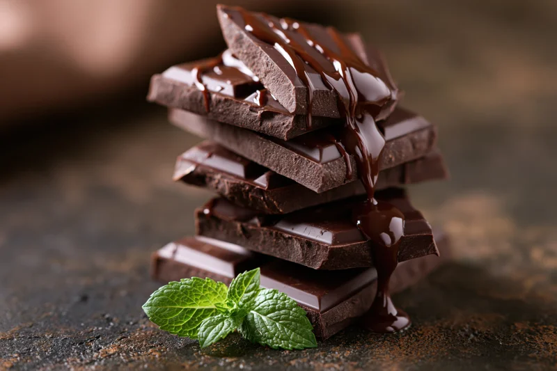 Stack of broken dark chocolate pieces with dripping liquid chocolate and a mint leaf on a rustic surface