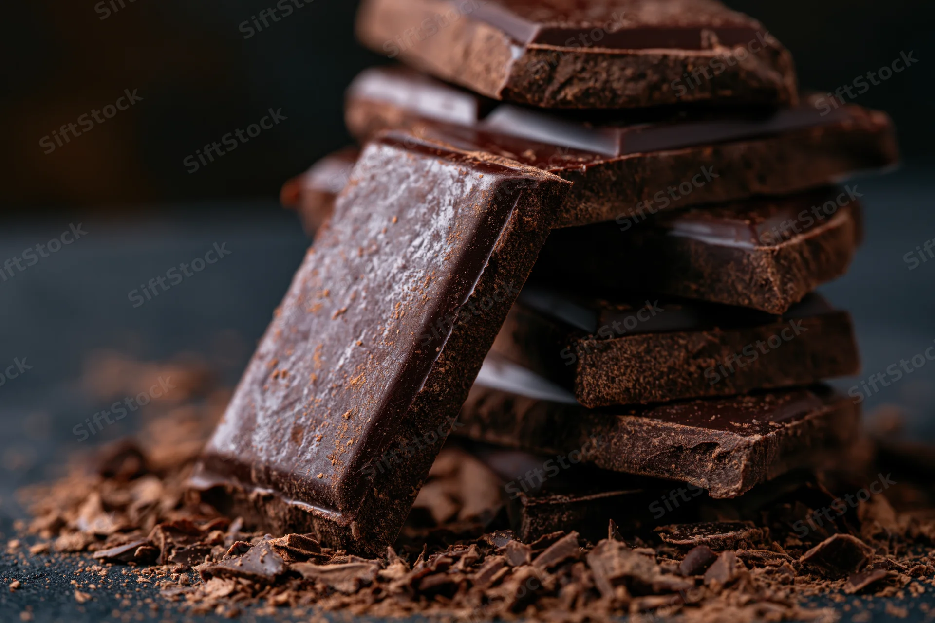 Broken dark chocolate slabs stacked on a dark surface with crumbs scattered around