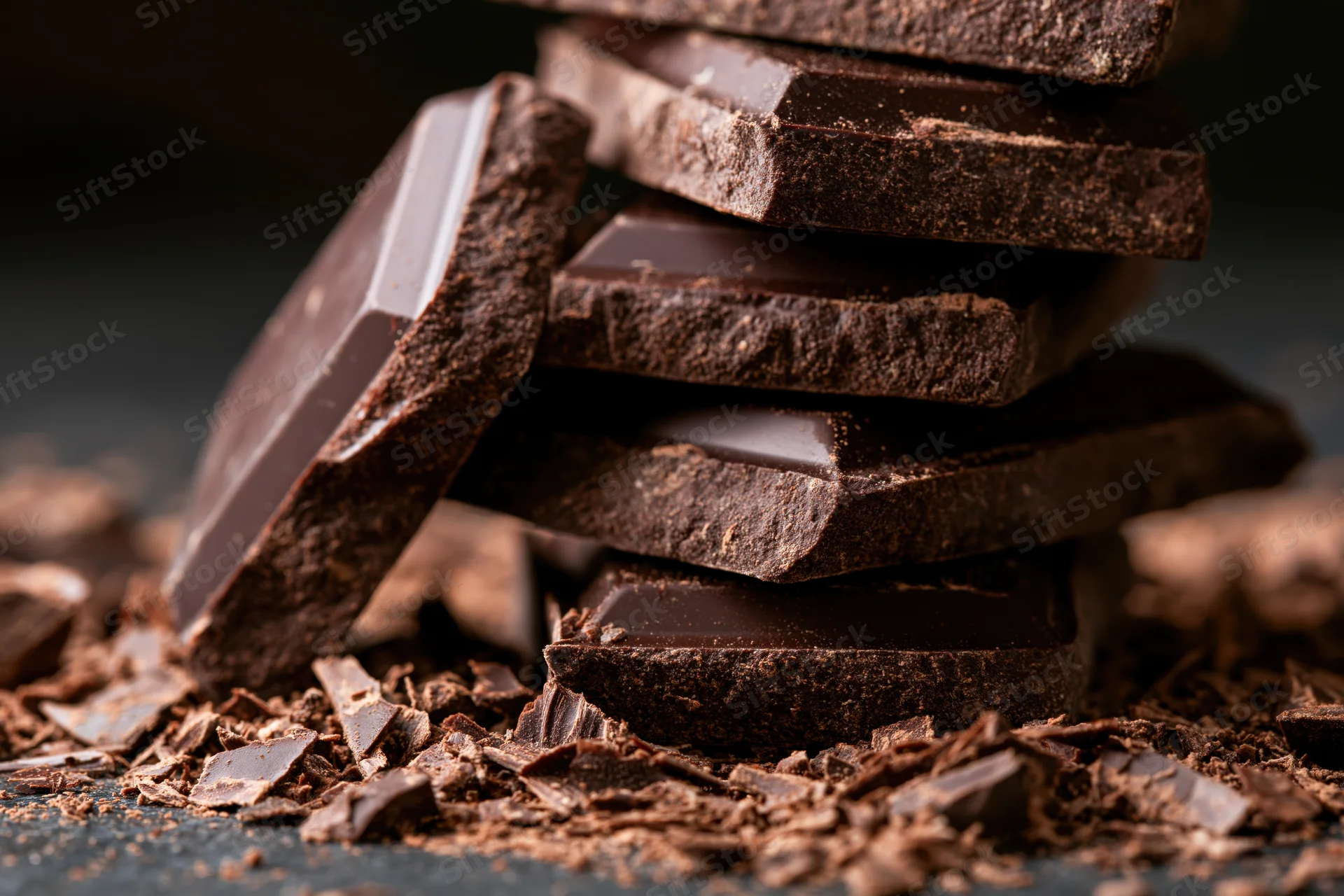 Broken dark chocolate slabs stacked on a dark surface with crumbs scattered around