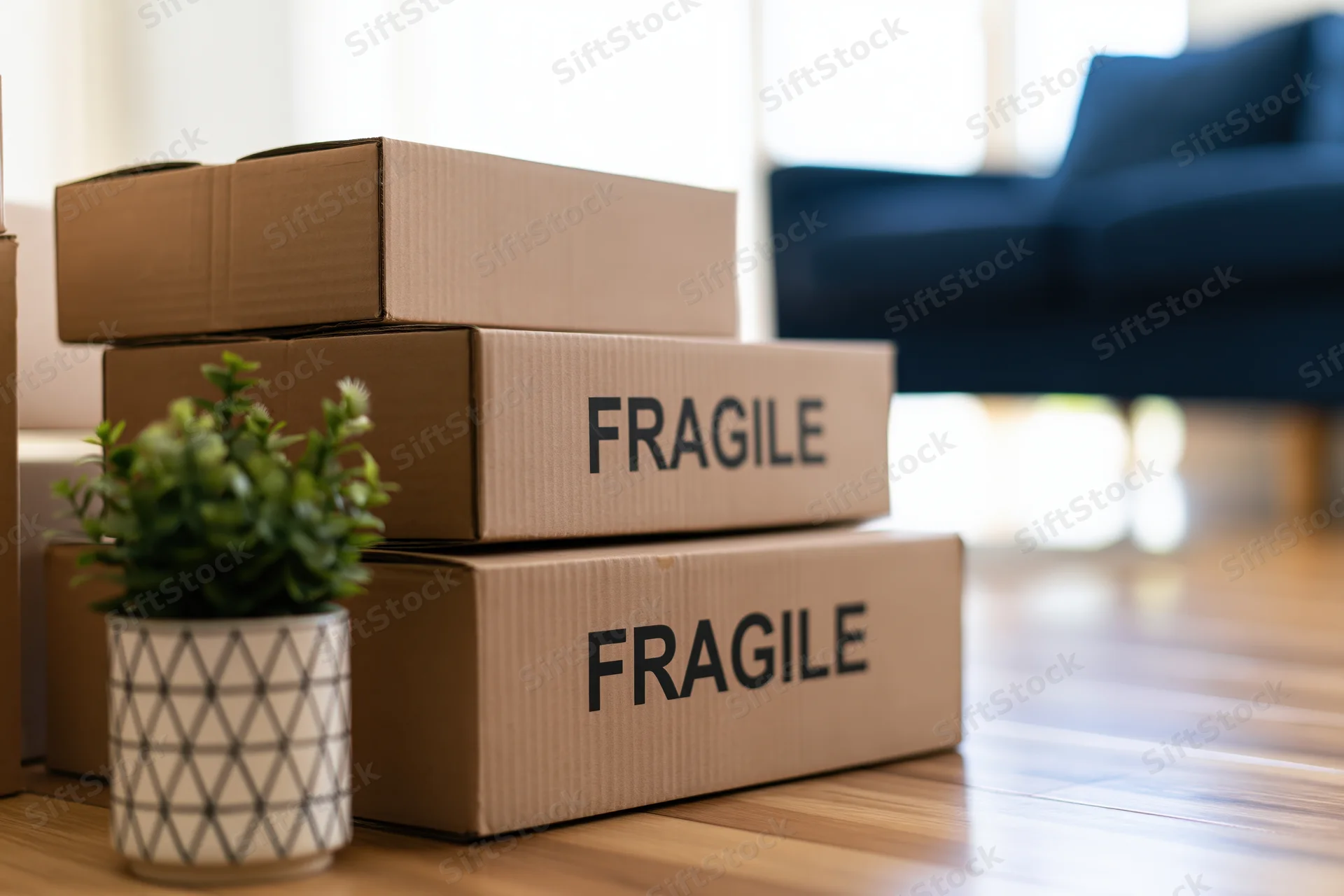 Stack of brown cardboard boxes labeled fragile on wooden floor in living room with potted plant and sofa in background
