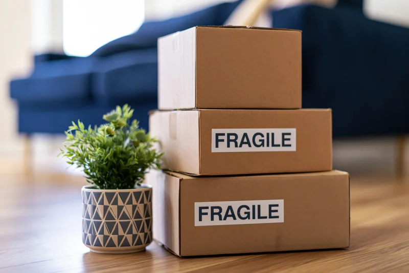 Stack of brown cardboard boxes labeled fragile on wooden floor beside potted plant in living room