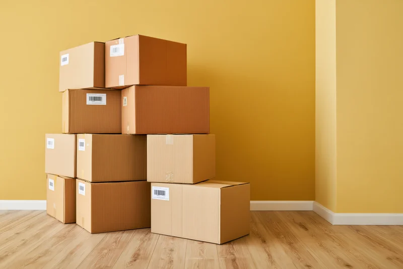 Stack of cardboard moving boxes piled against a yellow wall in a room with wooden flooring
