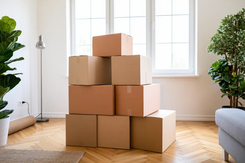 Stack of cardboard moving boxes piled in a bright living room with plants and hardwood floor