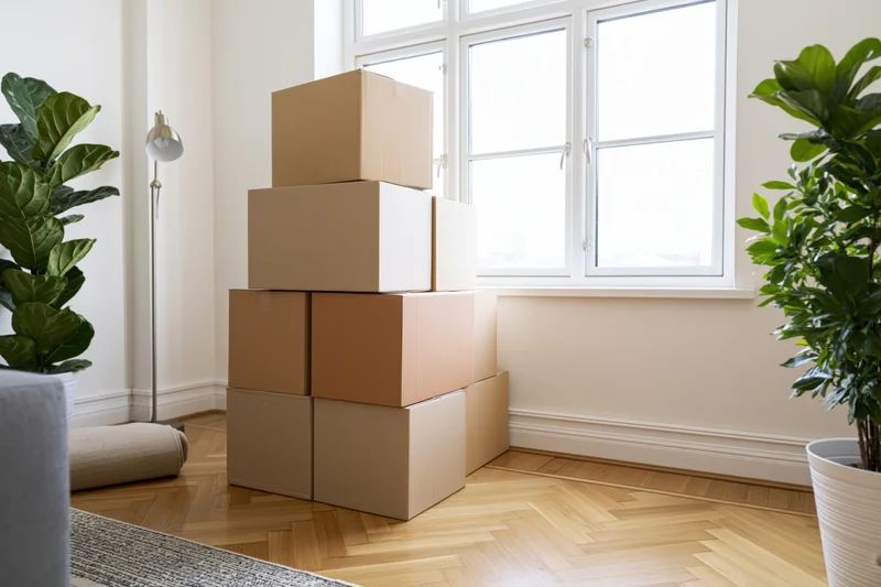 Stack of cardboard moving boxes piled against a large bright window in a modern living room with hardwood floor and indoor plants