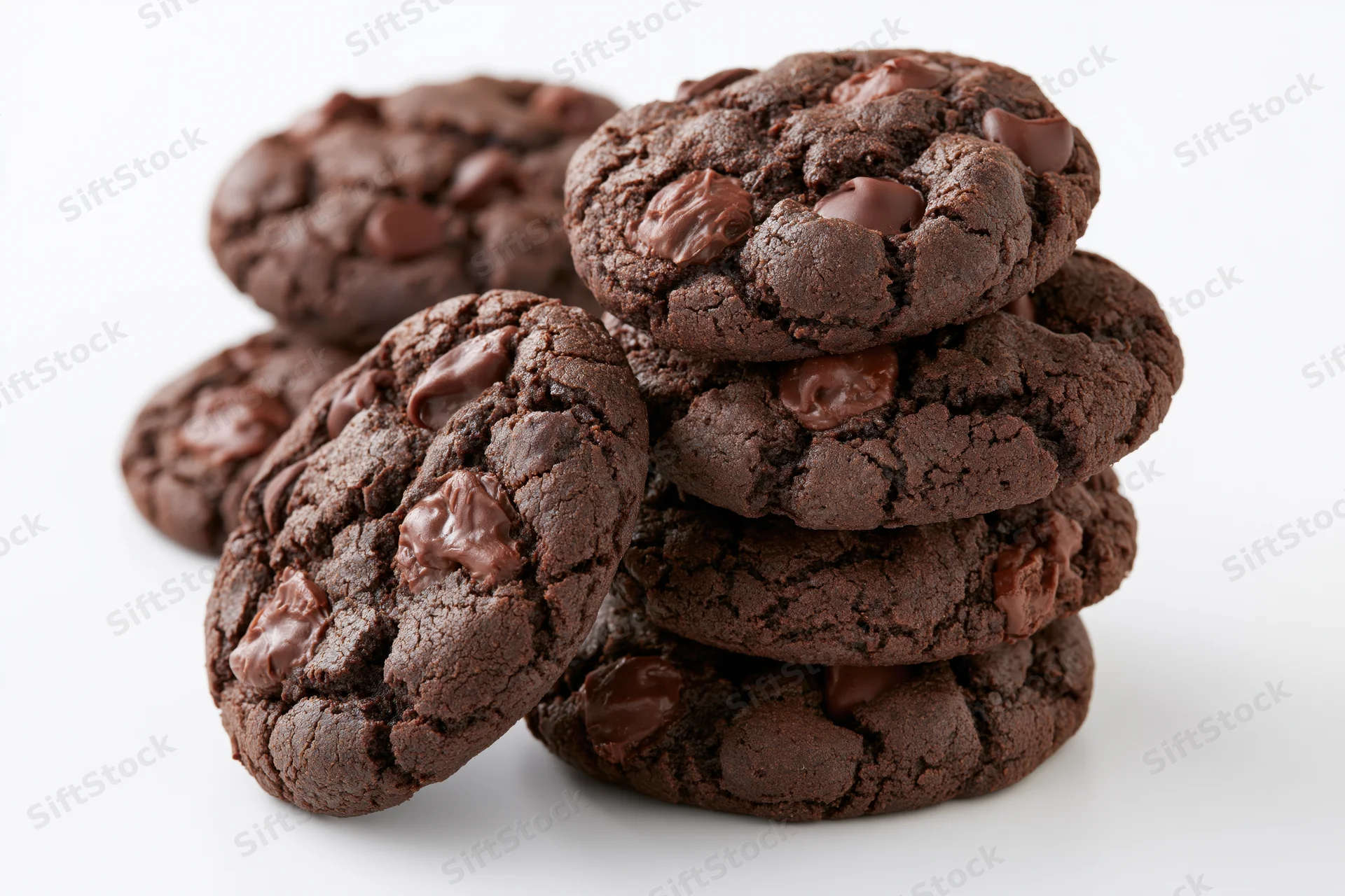 Stack of dark chocolate fudge cookies with one leaning against the pile on white background